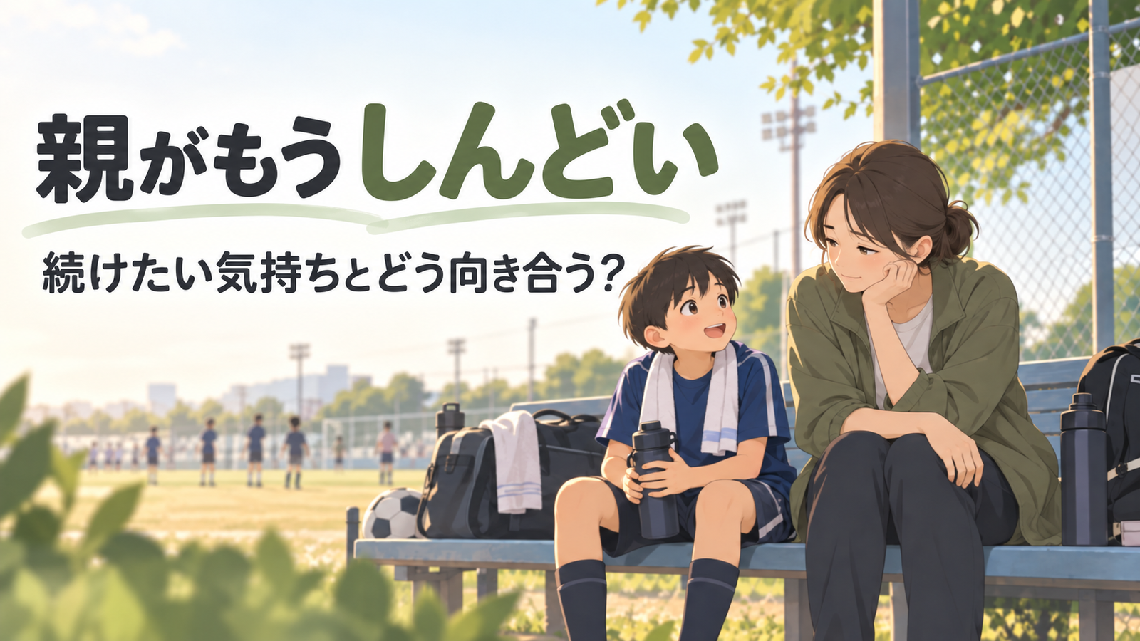 スポーツを続けたい子どもと、少し疲れた様子で気持ちを整理する保護者が並んで座るアイキャッチ画像