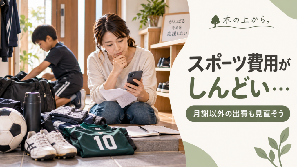 子どものスポーツ用品や遠征バッグを前に、保護者が月謝以外も含めたスポーツ費用を見直す場面を描いたアイキャッチ画像